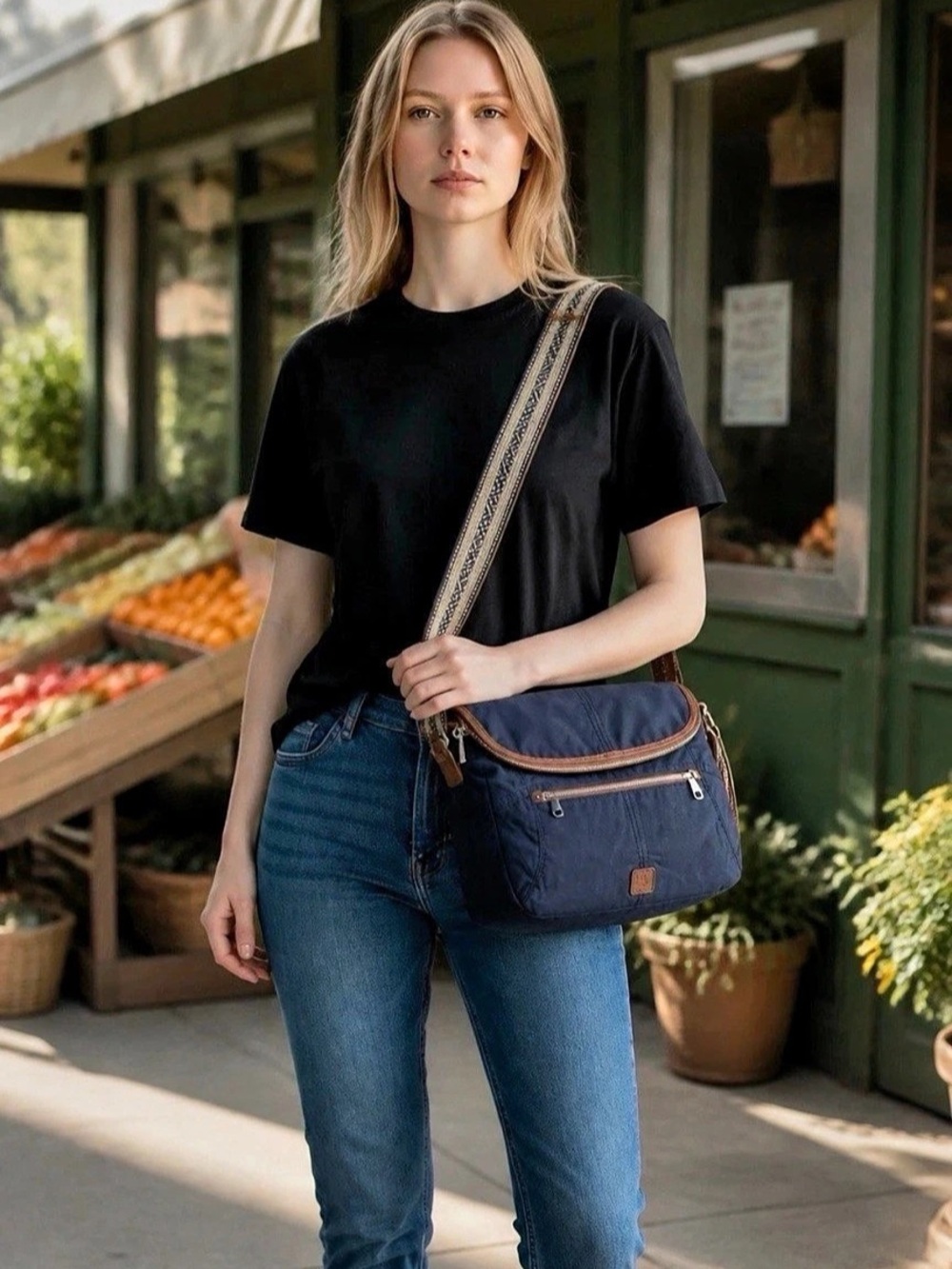 The Sak Navy Nylon Crossbody Bag with Leather Trim
